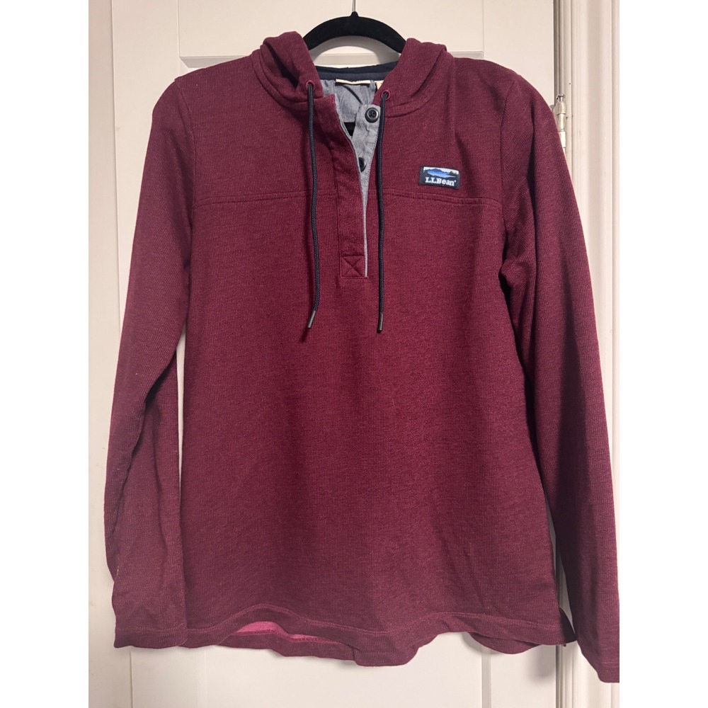 LL Bean Mens Burgundy Textured Henley Hoodie Pullover‎ Sweatshirt Med